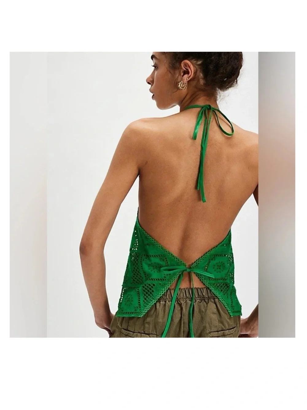 NWT Free People Green Crochet Halter Tank Top - Picture 2 of 8
